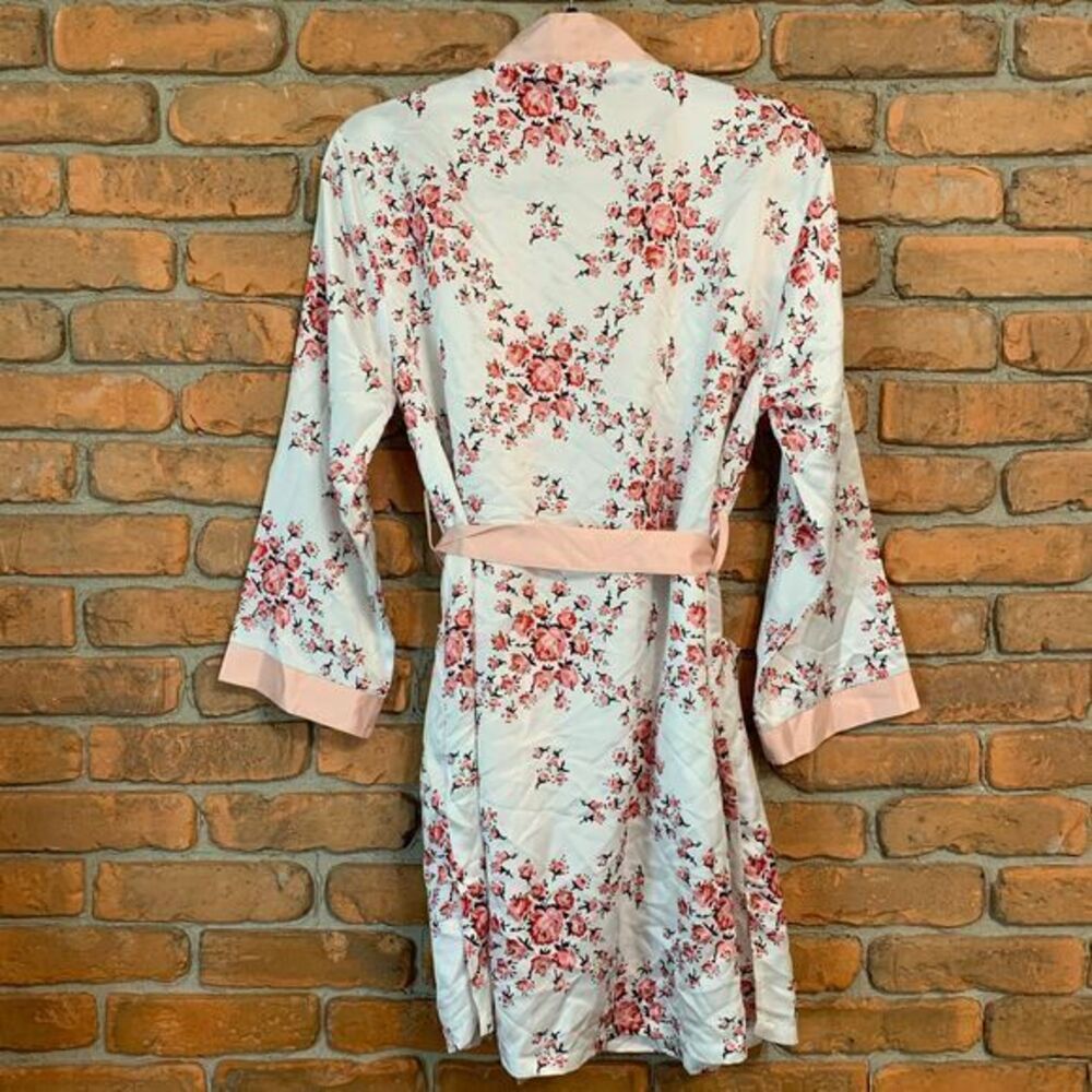 Morgan Lane x FabFitFun Robe Satin Floral Print Long Sleeve Tie Waist White S/M - Picture 5 of 7